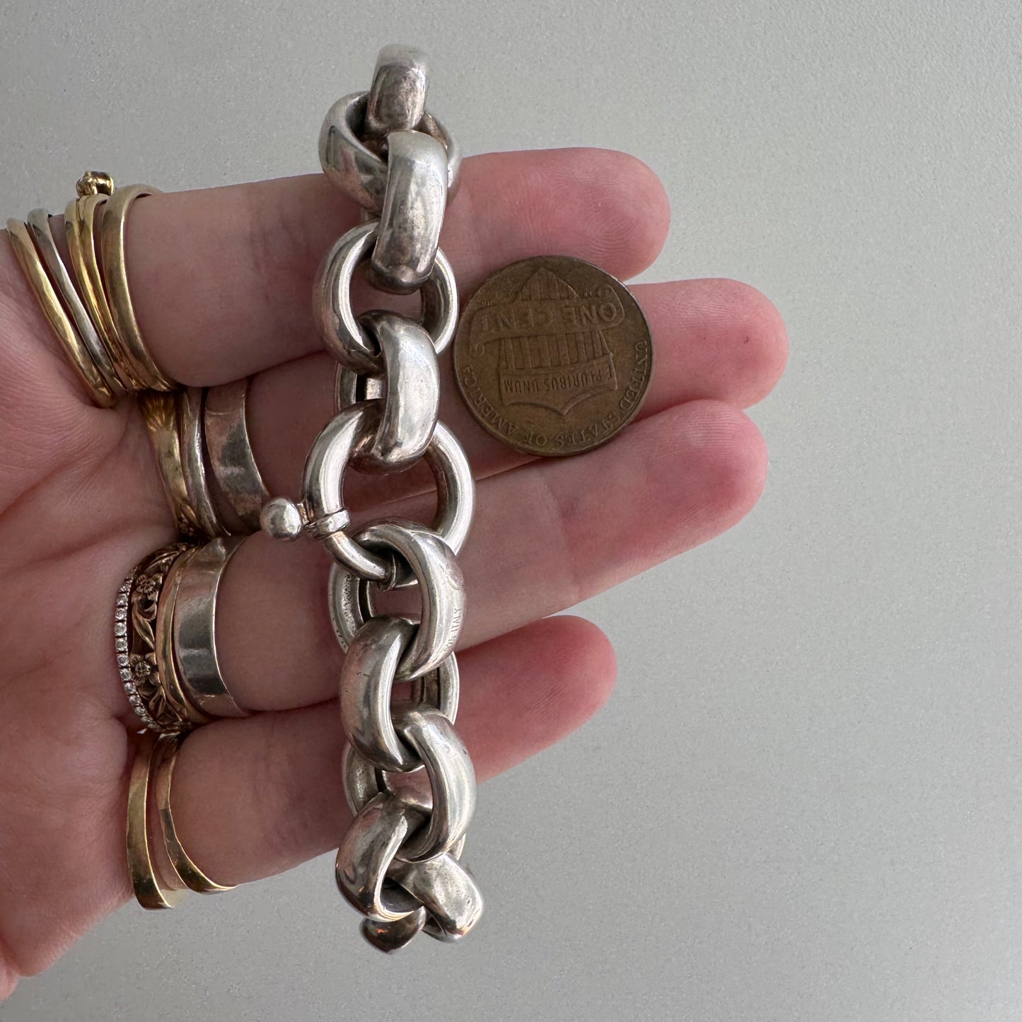 V I N T A G E // chunky cable / sterling silver chunky hollow rolo cable chain bracelet / 7.75", 36.3g