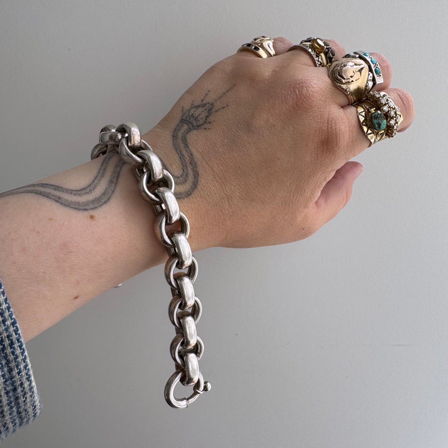 V I N T A G E // chunky cable / sterling silver chunky hollow rolo cable chain bracelet / 7.75", 36.3g