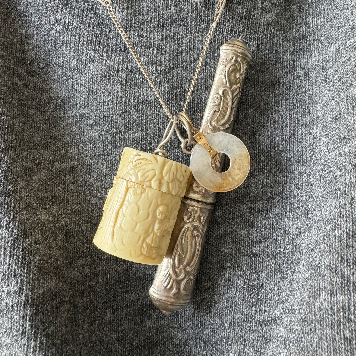 V I N T A G E // wise ancestors / carved bone pill box with sterling silver bail / a pendant