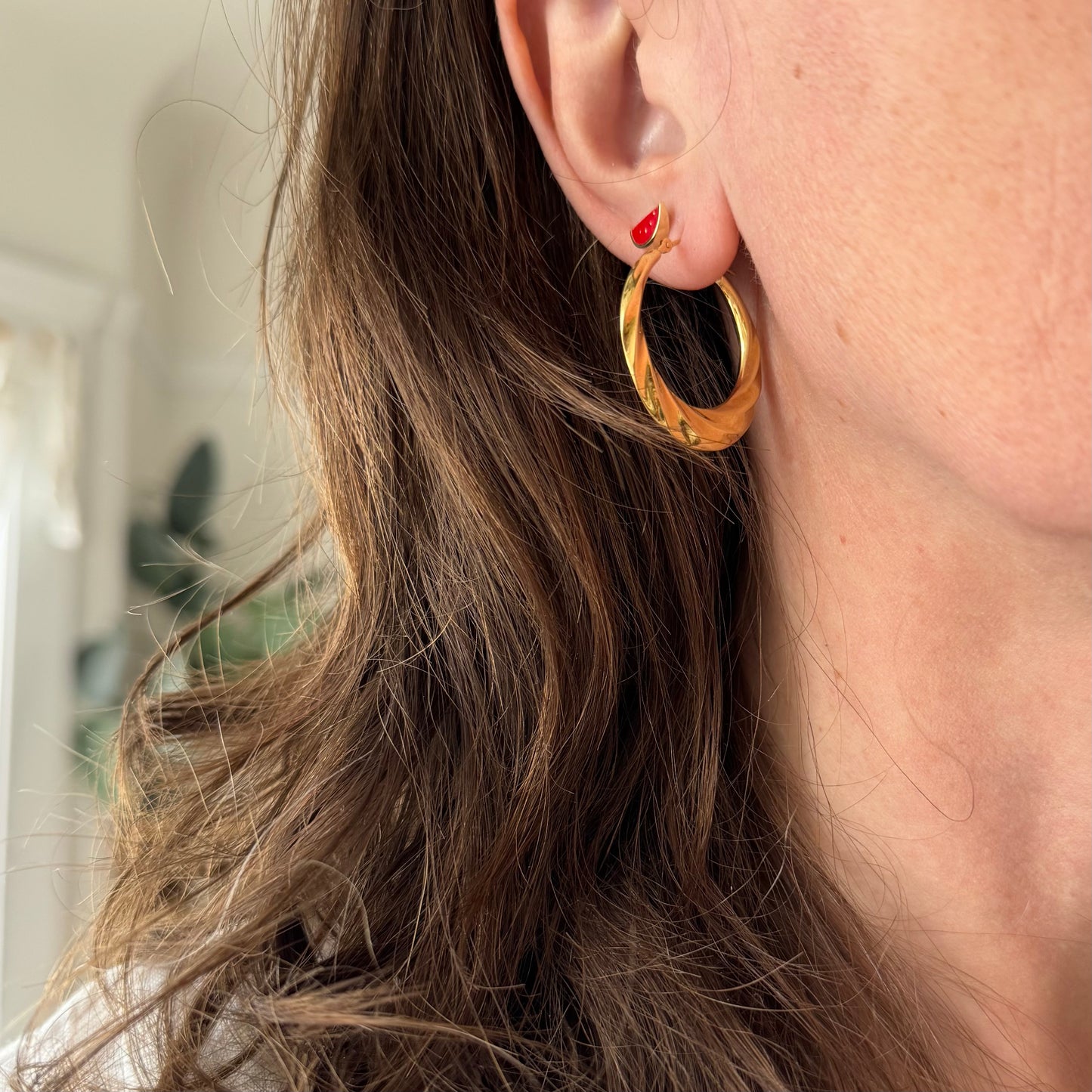 P R E - L O V E D // bright and shrimpy / 18k yellow gold hoops / over 1"