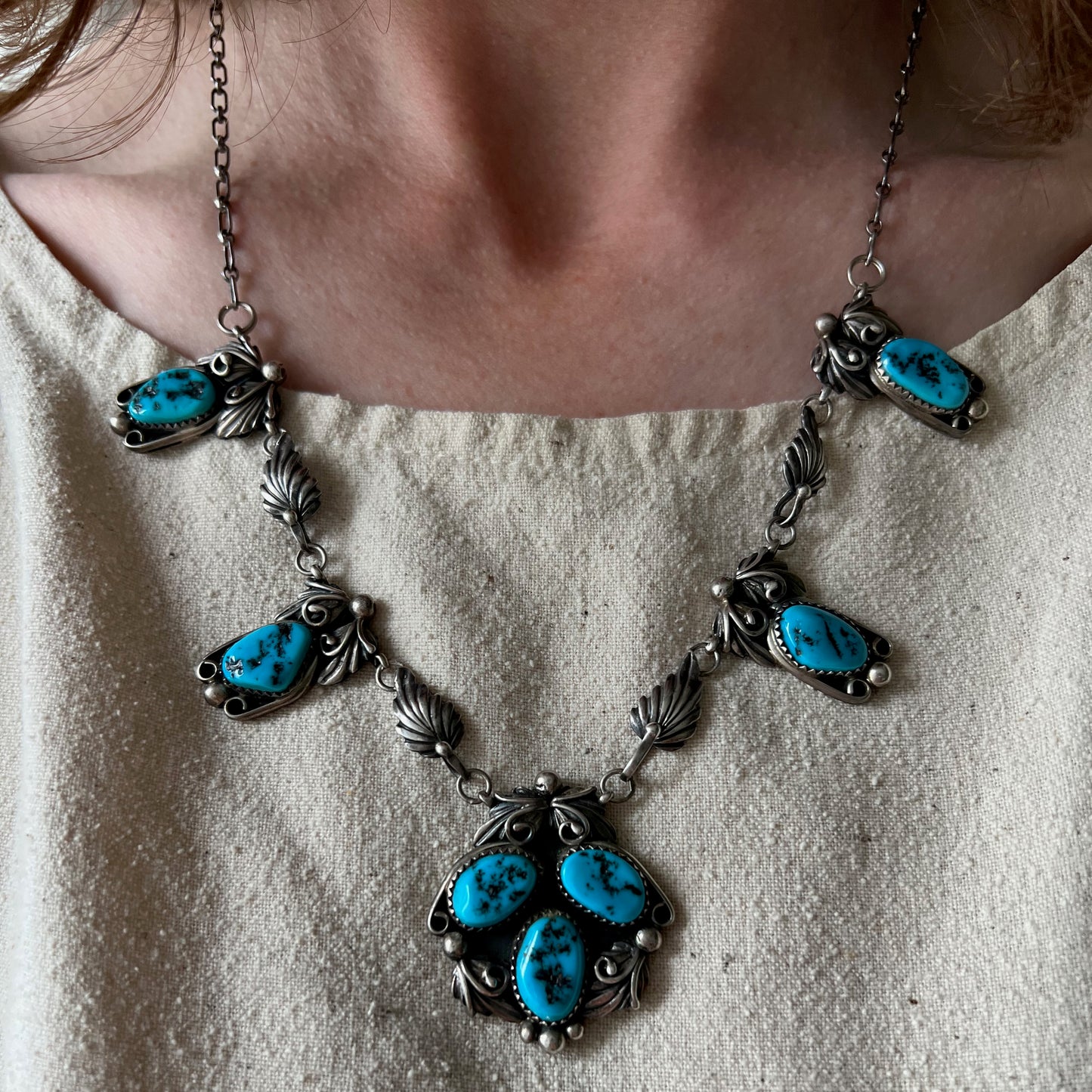 V I N T A G E // CW Paul Jr's blooms / sterling silver and turquoise signed artisan necklace / 21.25"