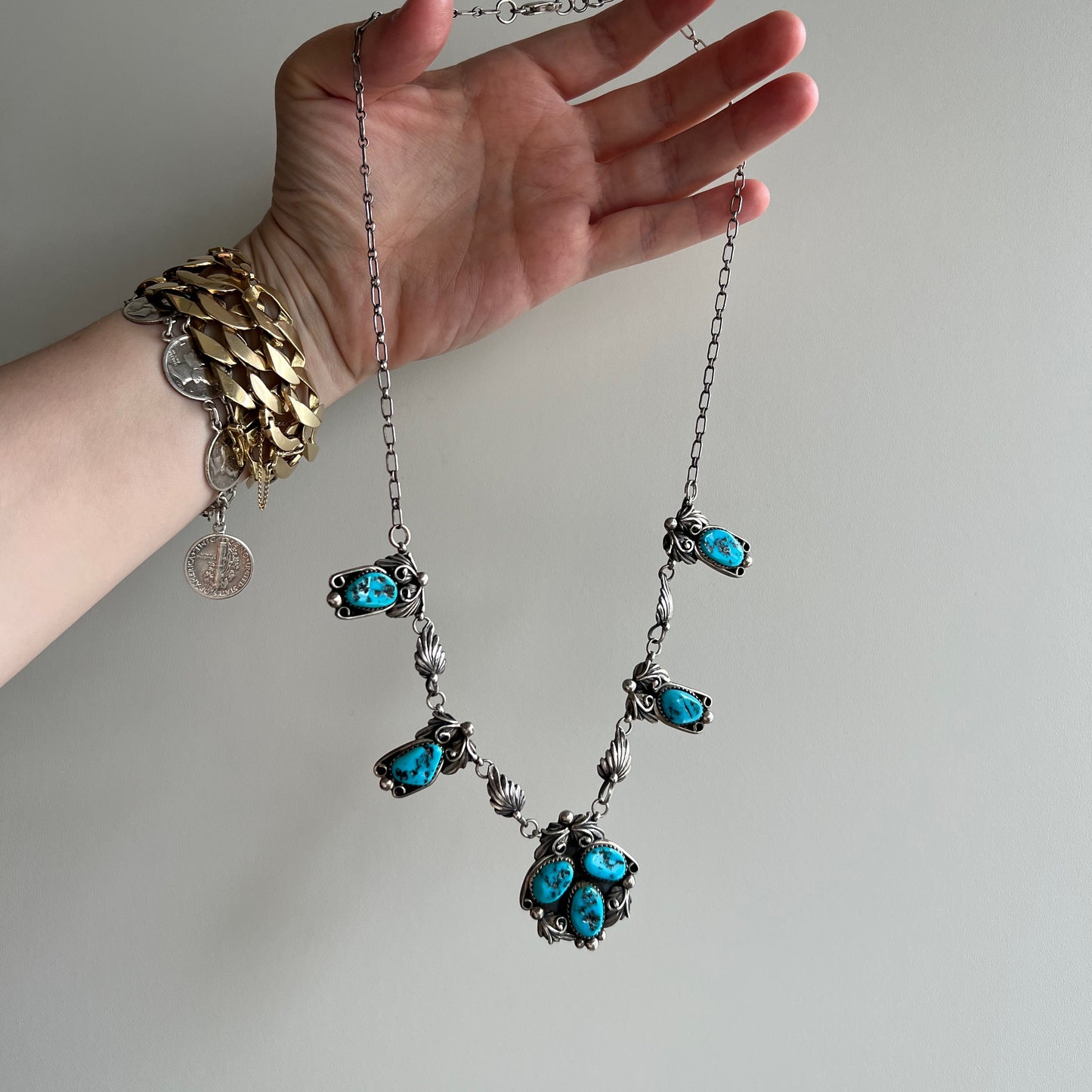 V I N T A G E // CW Paul Jr's blooms / sterling silver and turquoise signed artisan necklace / 21.25"