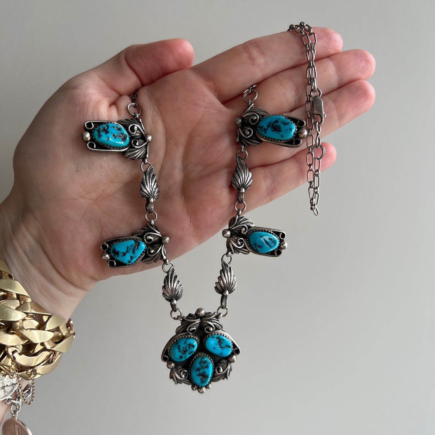 V I N T A G E // CW Paul Jr's blooms / sterling silver and turquoise signed artisan necklace / 21.25"