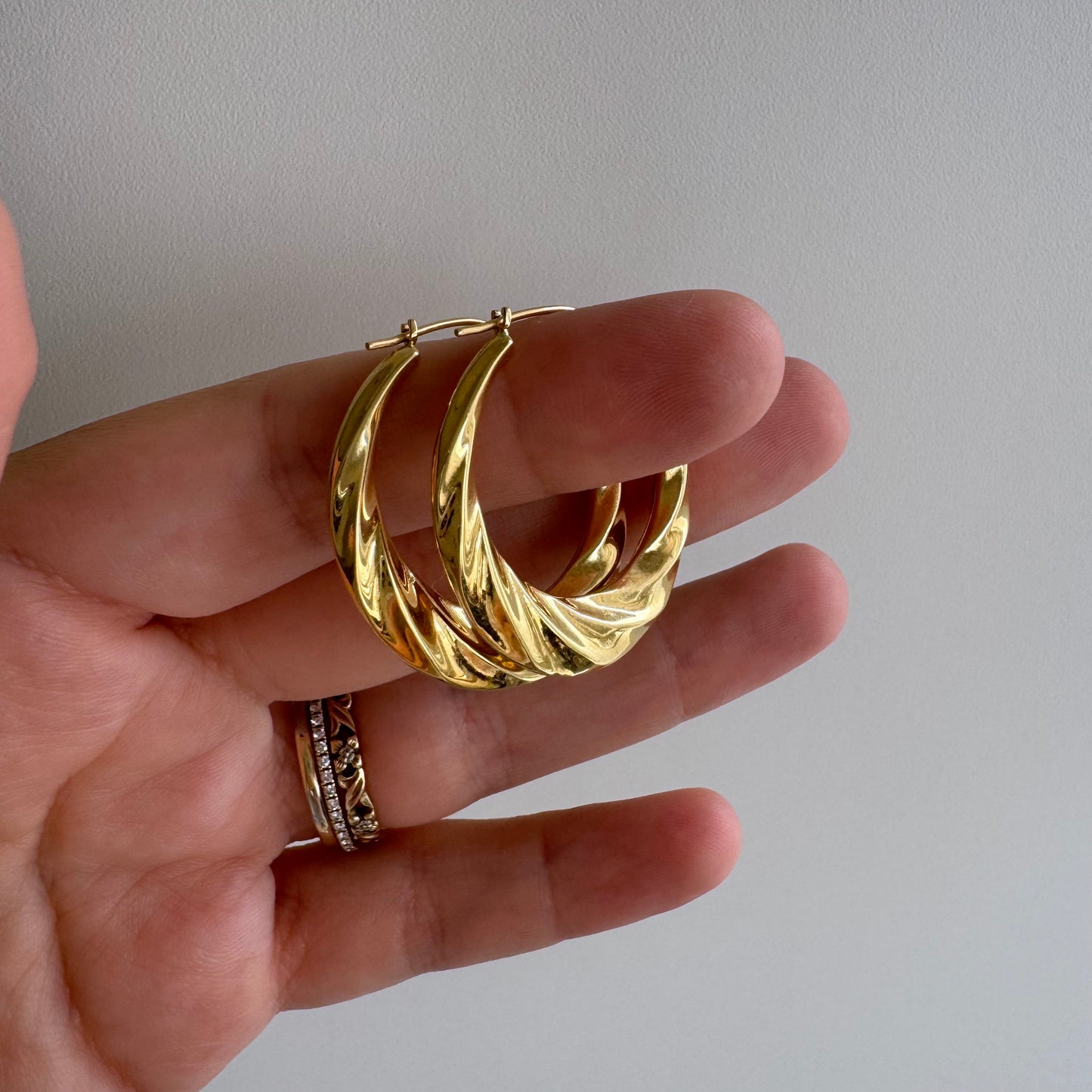 P R E - L O V E D // bright and shrimpy / 18k yellow gold hoops / over 1"