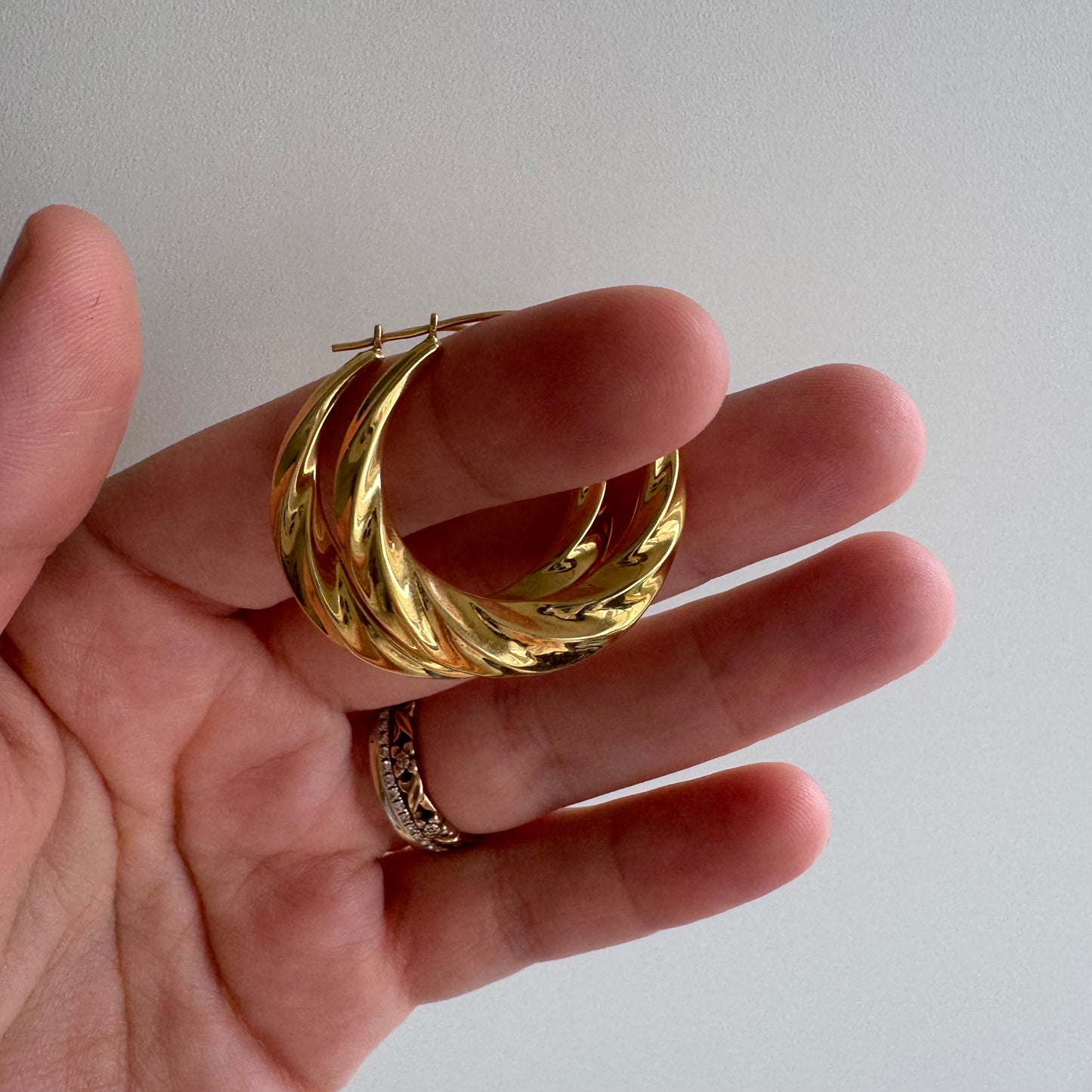 P R E - L O V E D // bright and shrimpy / 18k yellow gold hoops / over 1"