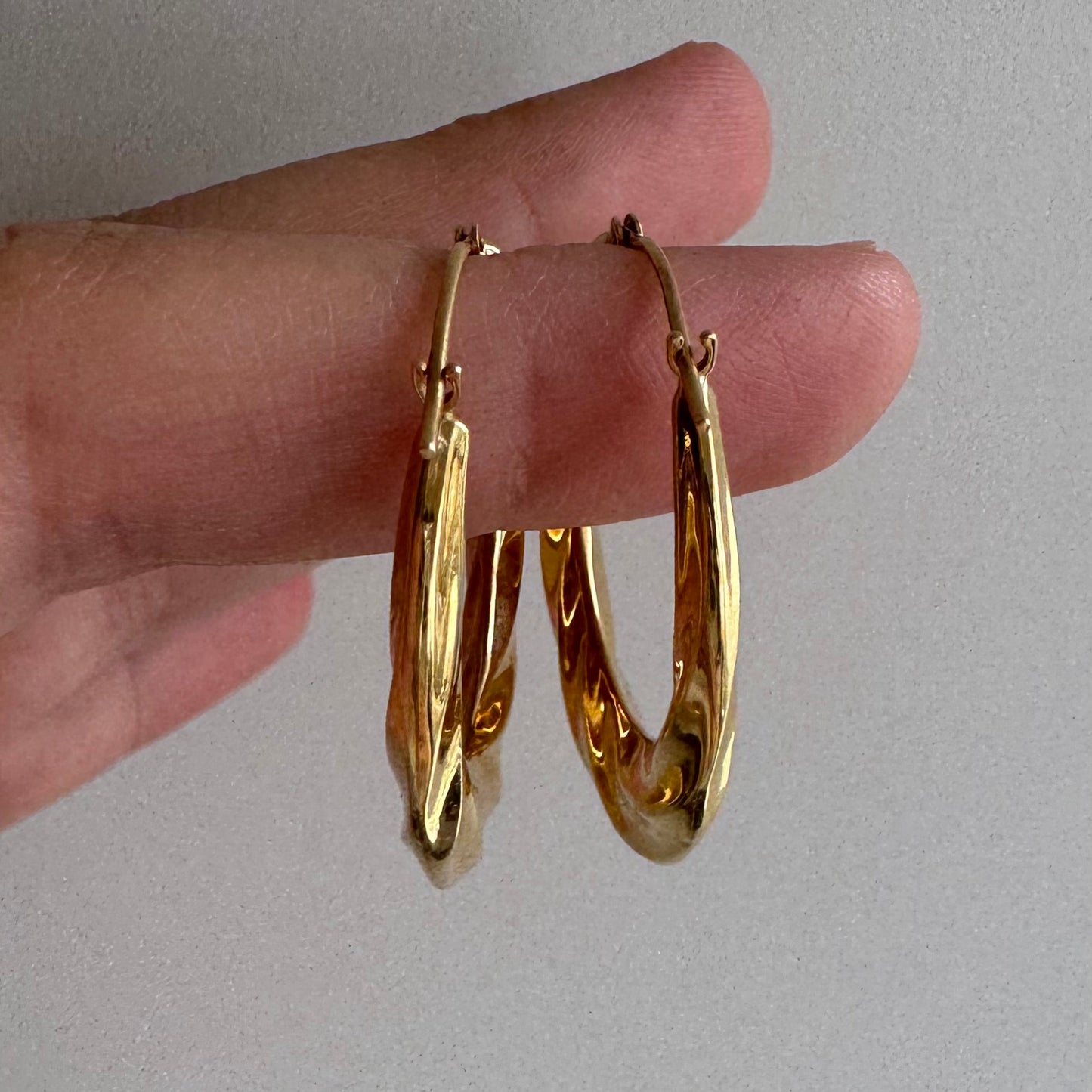 P R E - L O V E D // bright and shrimpy / 18k yellow gold hoops / over 1"