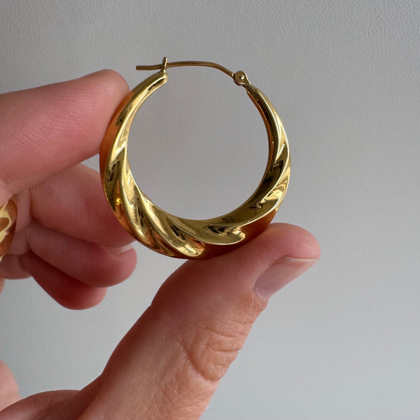 P R E - L O V E D // bright and shrimpy / 18k yellow gold hoops / over 1"