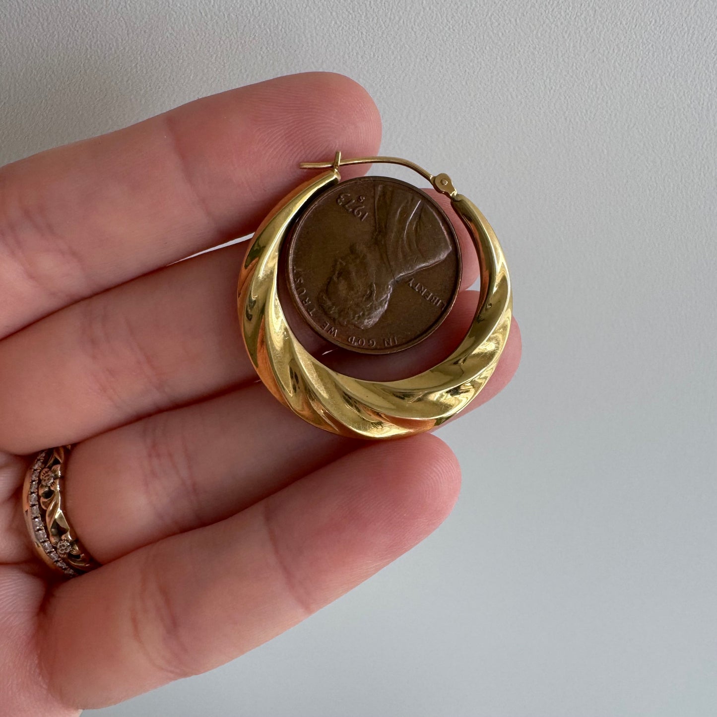 P R E - L O V E D // bright and shrimpy / 18k yellow gold hoops / over 1"