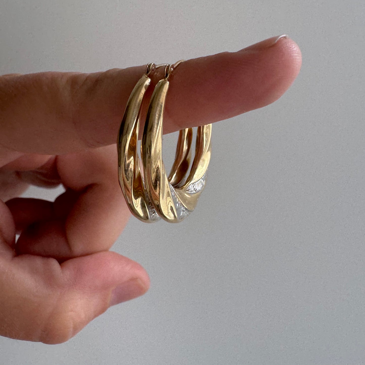 P R E - L O V E D // do the twist / 14k yellow and white gold hoops / over 1"