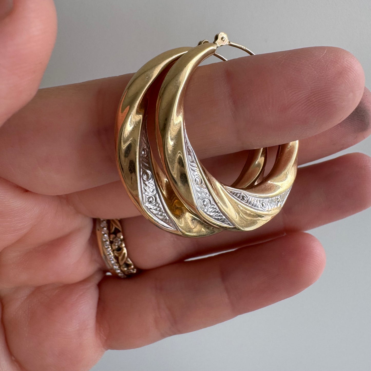 P R E - L O V E D // do the twist / 14k yellow and white gold hoops / over 1"