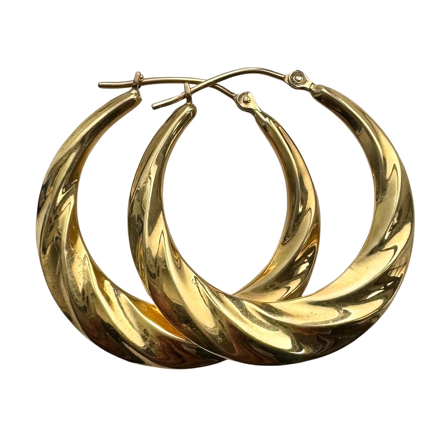 P R E - L O V E D // bright and shrimpy / 18k yellow gold hoops / over 1"