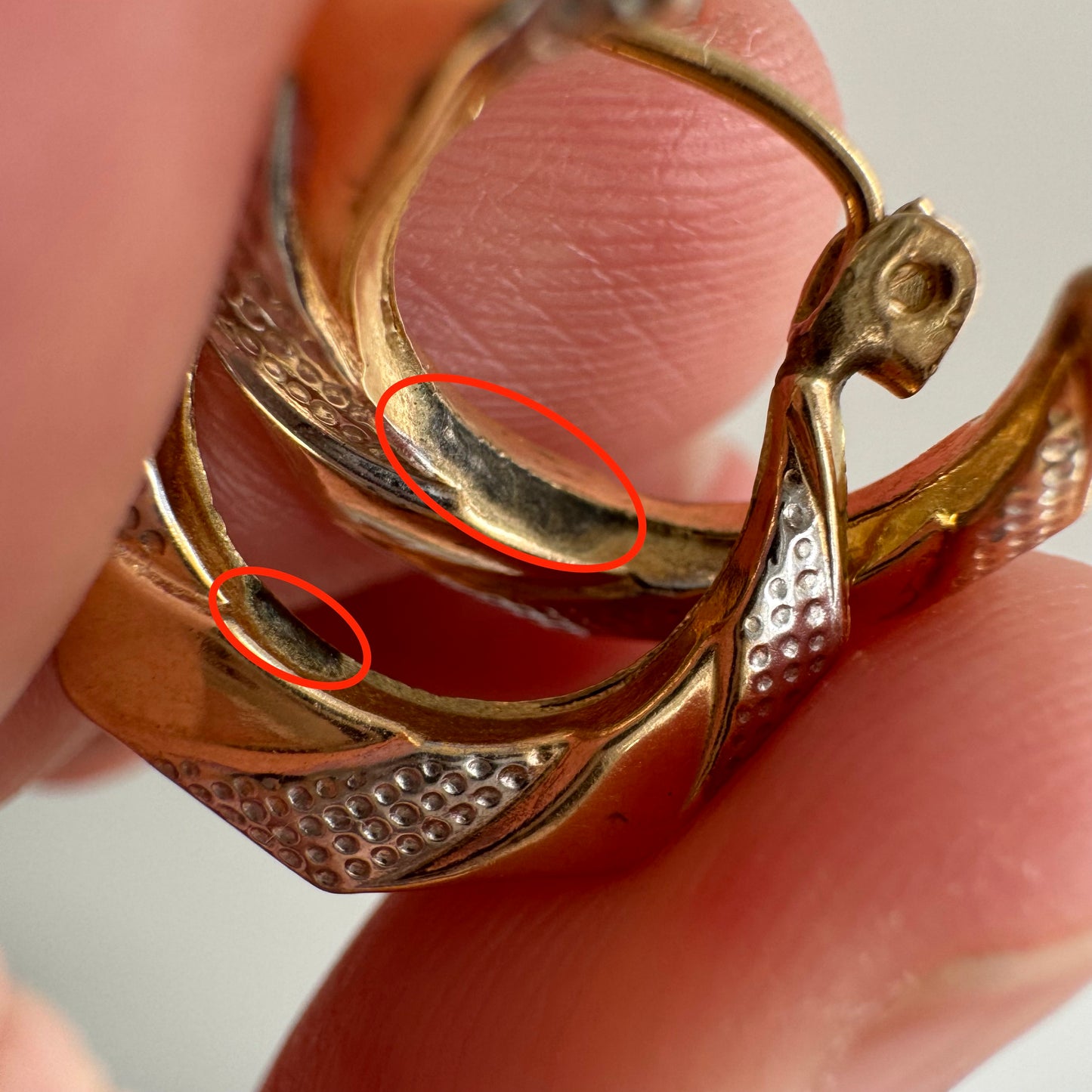 P R E - L O V E D // everyday geometry / 14k yellow and white gold hoops / ~5/8"