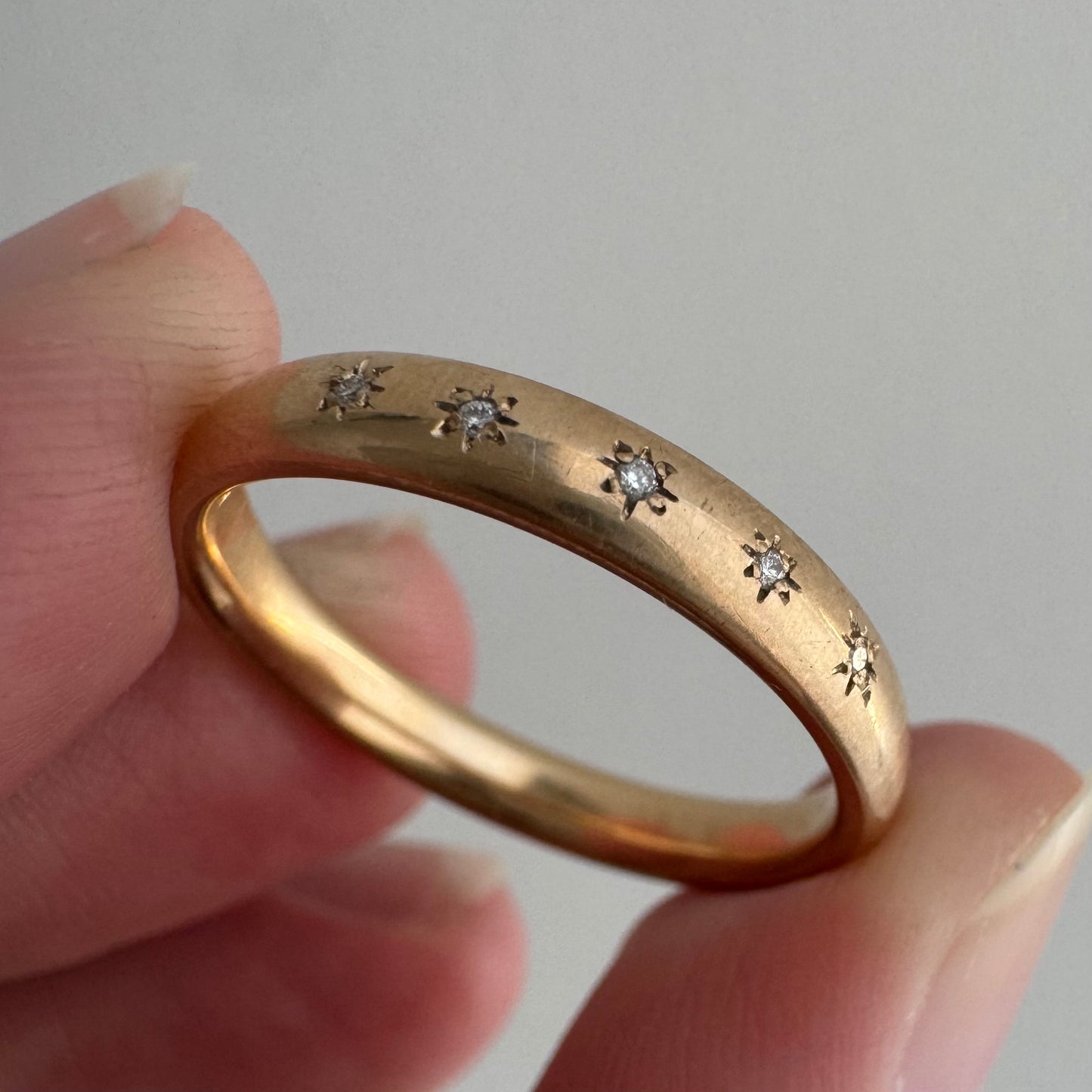 reimagined A N T I Q U E // star story / 14k slightly rosy Ostby Barton comfort fit donut band with five new star-set diamonds / size 8