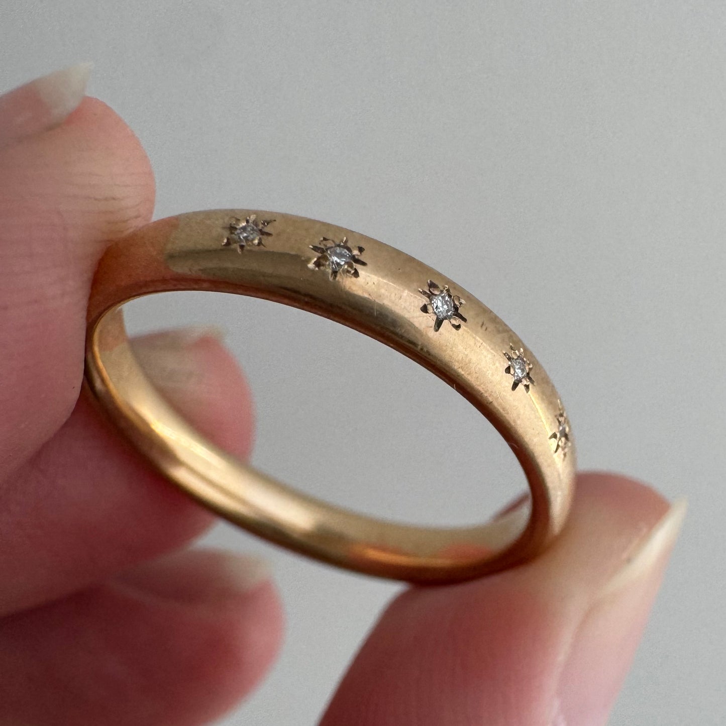 reimagined A N T I Q U E // star story / 14k slightly rosy Ostby Barton comfort fit donut band with five new star-set diamonds / size 8
