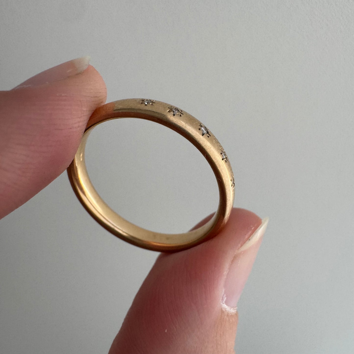 reimagined A N T I Q U E // star story / 14k slightly rosy Ostby Barton comfort fit donut band with five new star-set diamonds / size 8