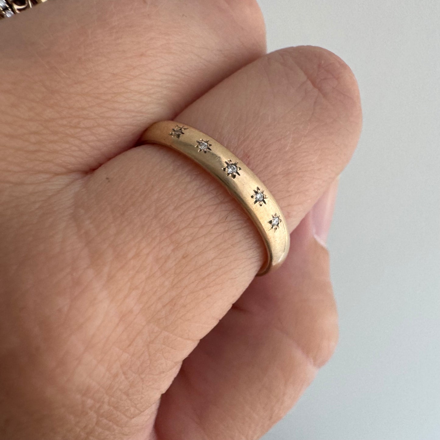 reimagined A N T I Q U E // star story / 14k slightly rosy Ostby Barton comfort fit donut band with five new star-set diamonds / size 8