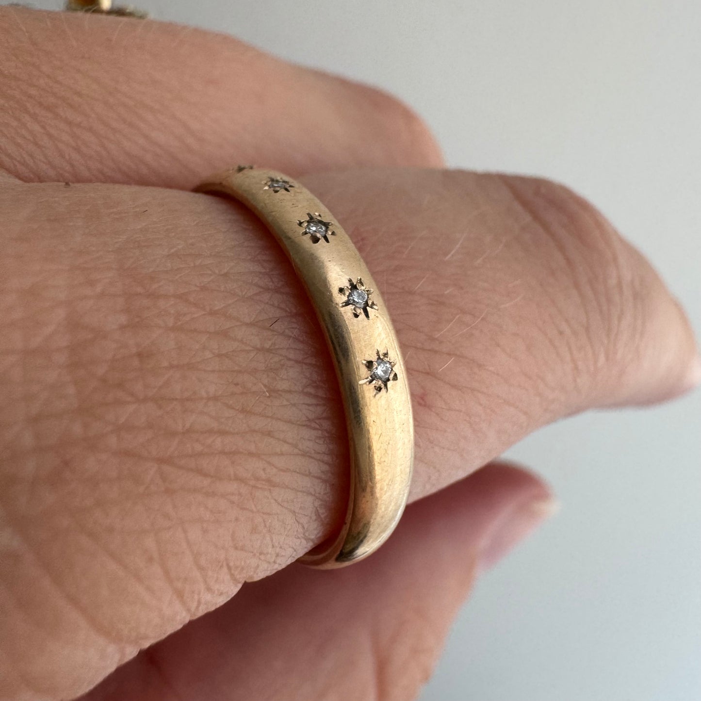 reimagined A N T I Q U E // star story / 14k slightly rosy Ostby Barton comfort fit donut band with five new star-set diamonds / size 8