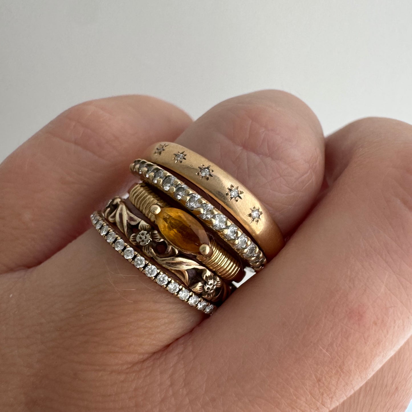 reimagined A N T I Q U E // star story / 14k slightly rosy Ostby Barton comfort fit donut band with five new star-set diamonds / size 8