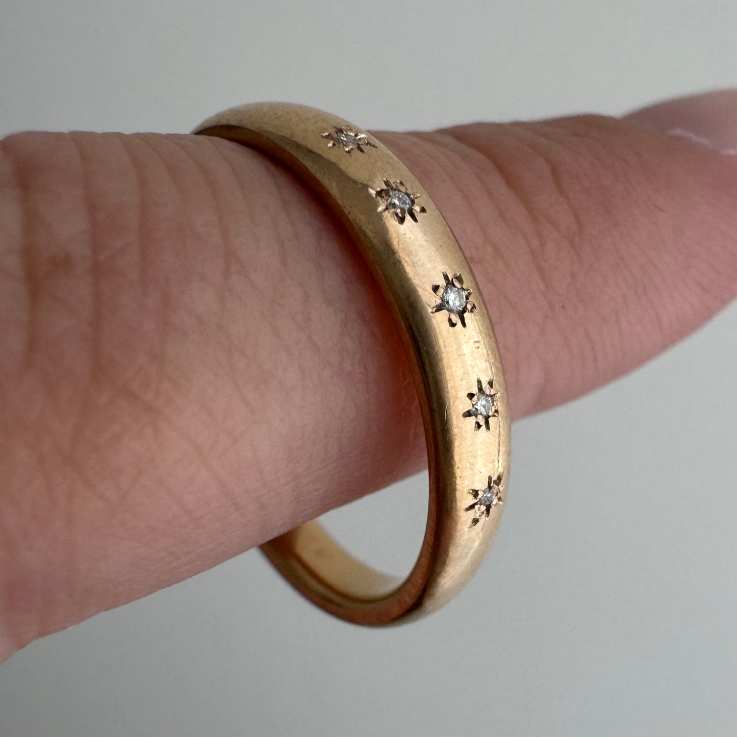 reimagined A N T I Q U E // star story / 14k slightly rosy Ostby Barton comfort fit donut band with five new star-set diamonds / size 8