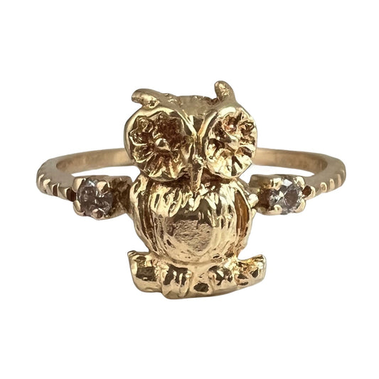 reimagined V I N T A G E // stackable bird / 14k and diamond owl conversion ring / size 7
