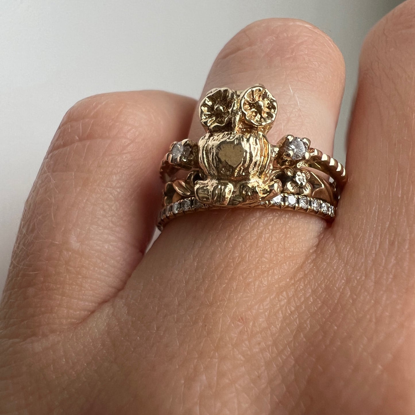 reimagined V I N T A G E // stackable bird / 14k and diamond owl conversion ring / size 7