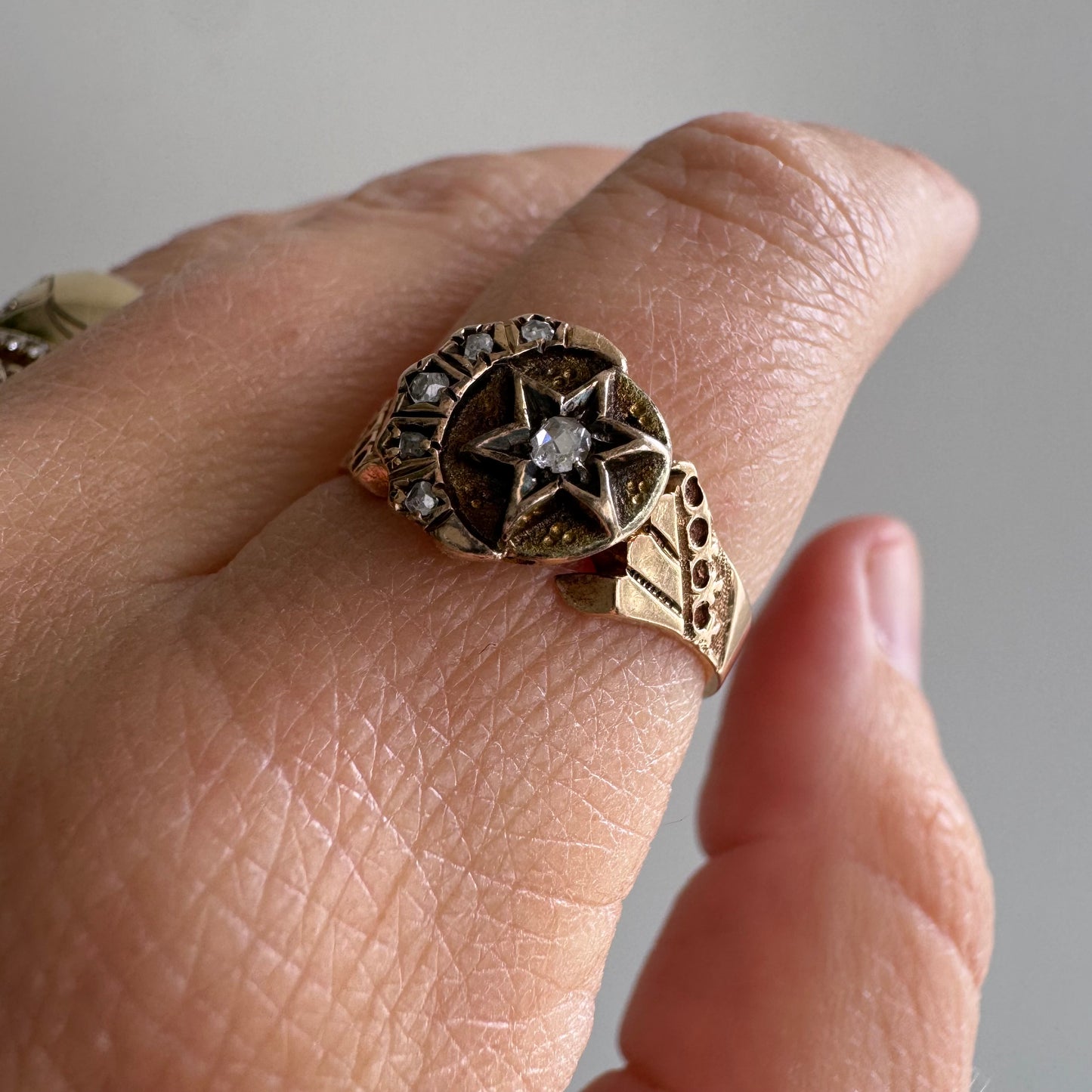 A N T I Q U E // victorian stardust / 10k rosy yellow crescent and star signet ring with rose cut diamonds / size 7