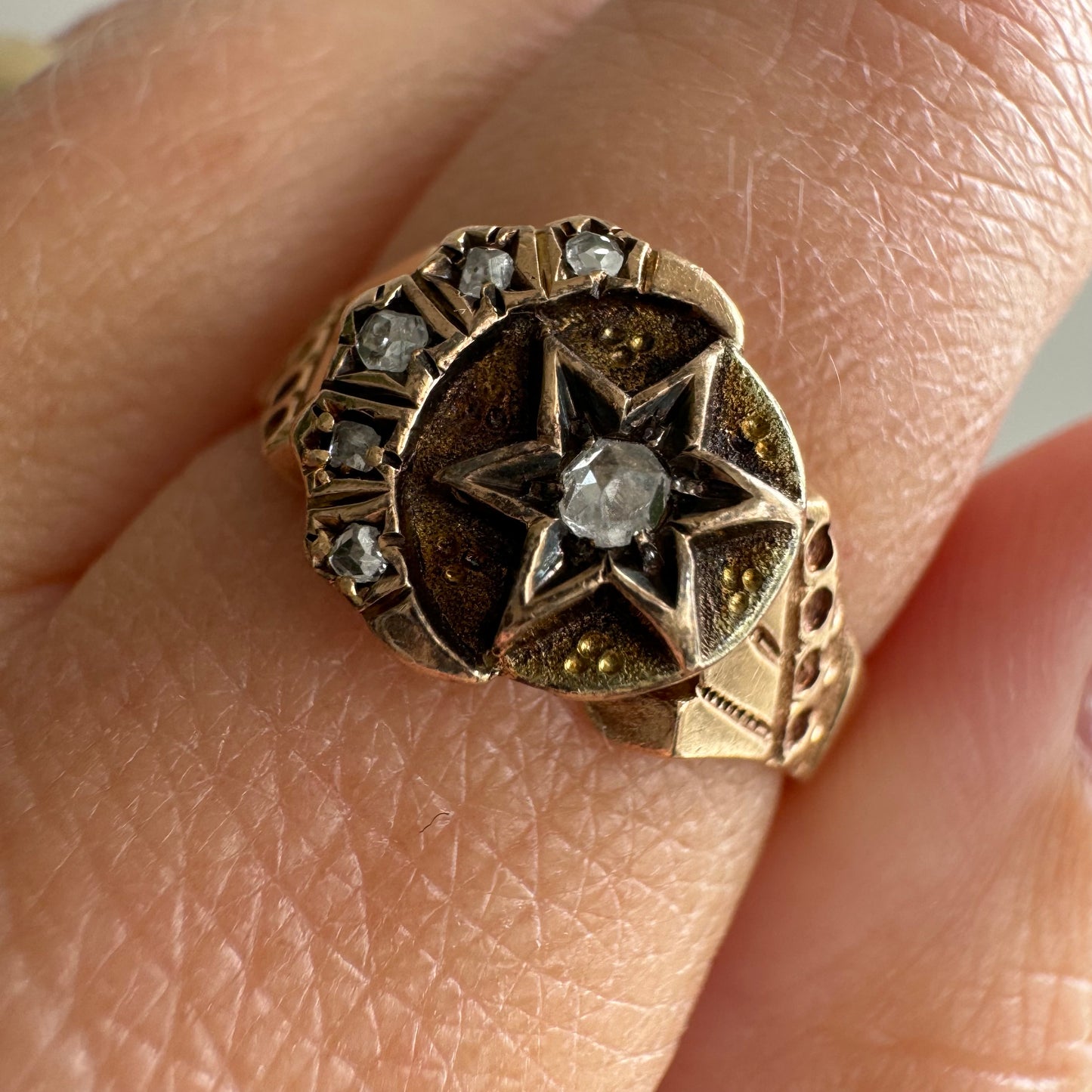 A N T I Q U E // victorian stardust / 10k rosy yellow crescent and star signet ring with rose cut diamonds / size 7