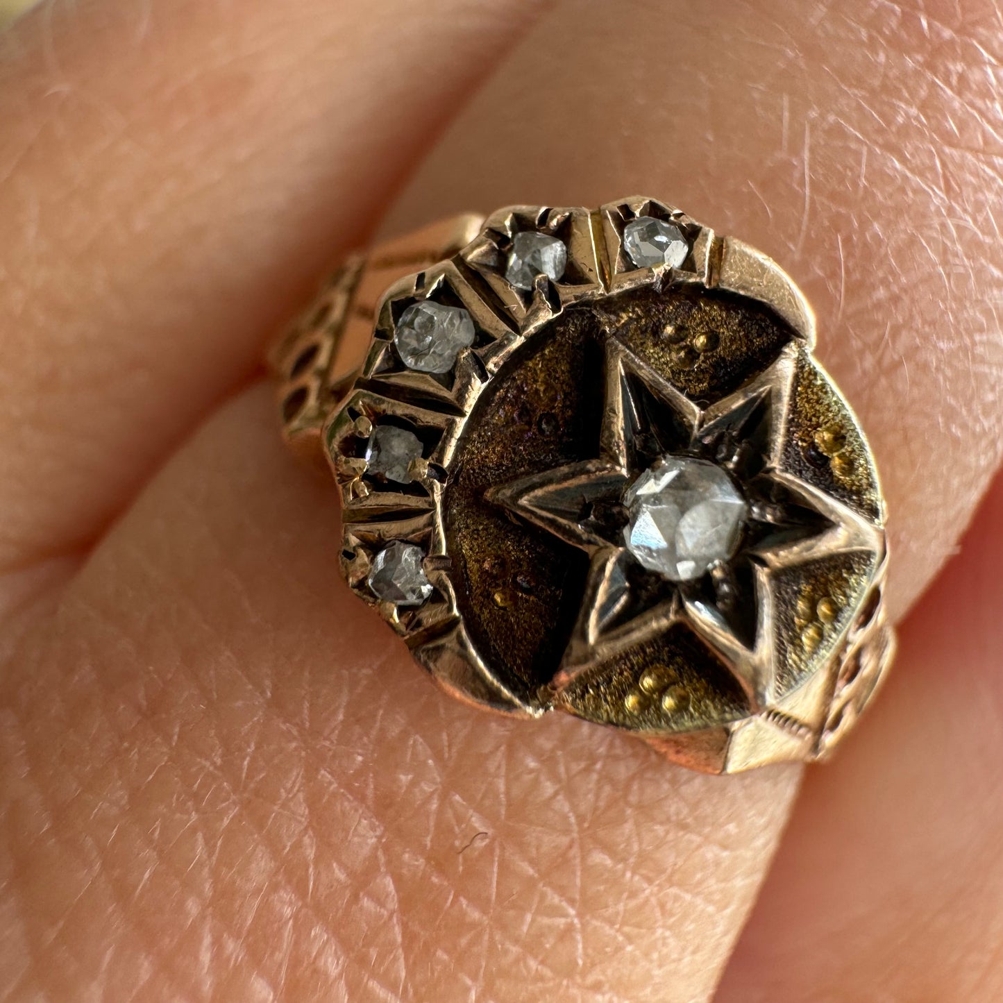 A N T I Q U E // victorian stardust / 10k rosy yellow crescent and star signet ring with rose cut diamonds / size 7