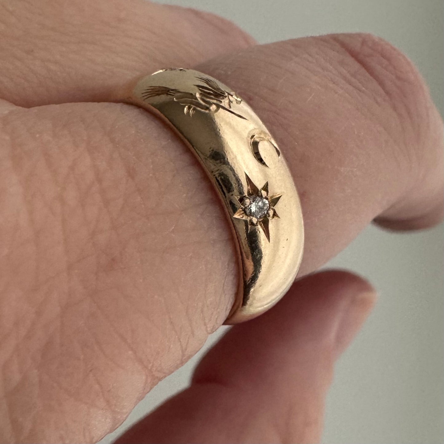 reimagined V I N T A G E // the best witch / 14k and diamond band with a witch flying on a broom / size 6ish