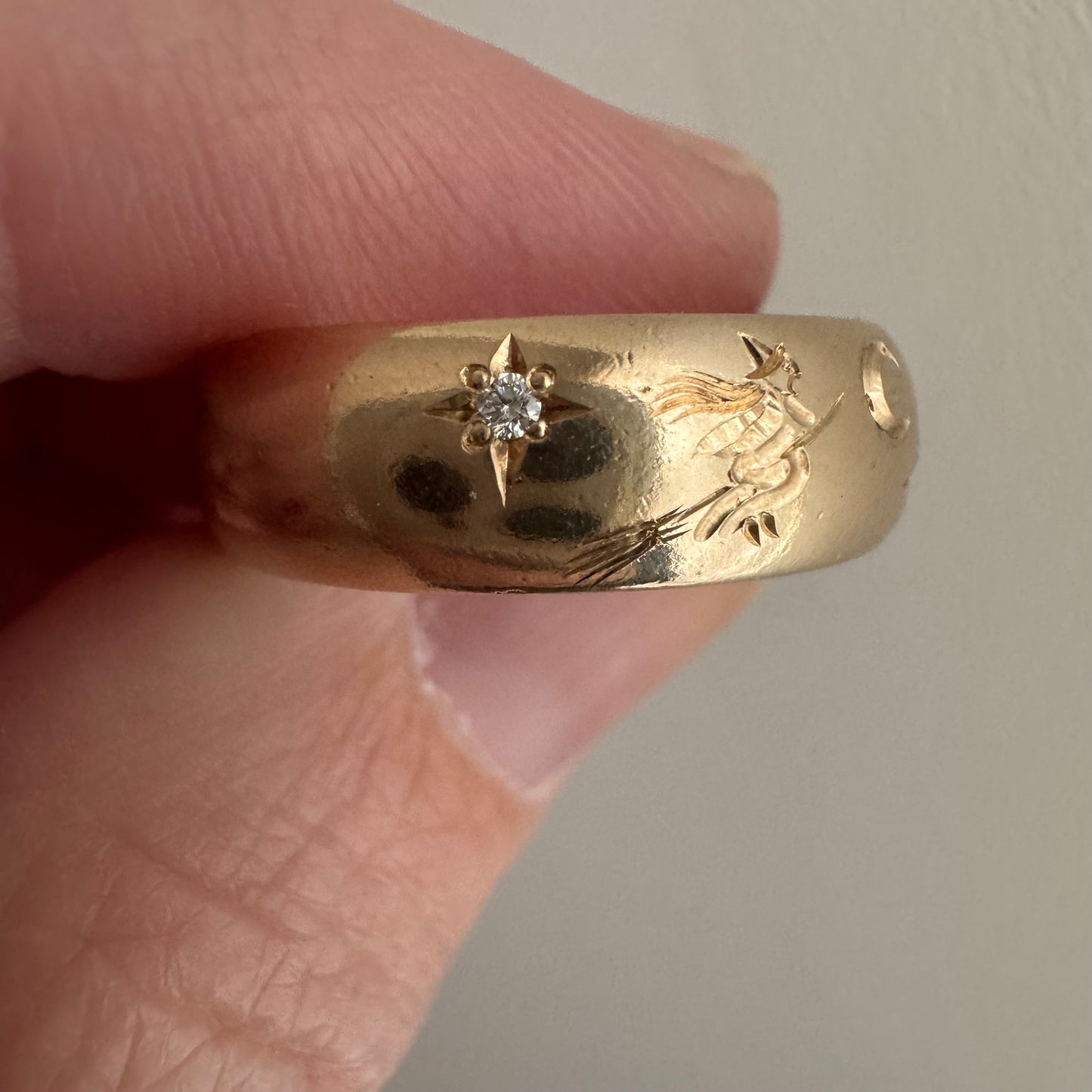 reimagined V I N T A G E // the best witch / 14k and diamond band with a witch flying on a broom / size 6ish