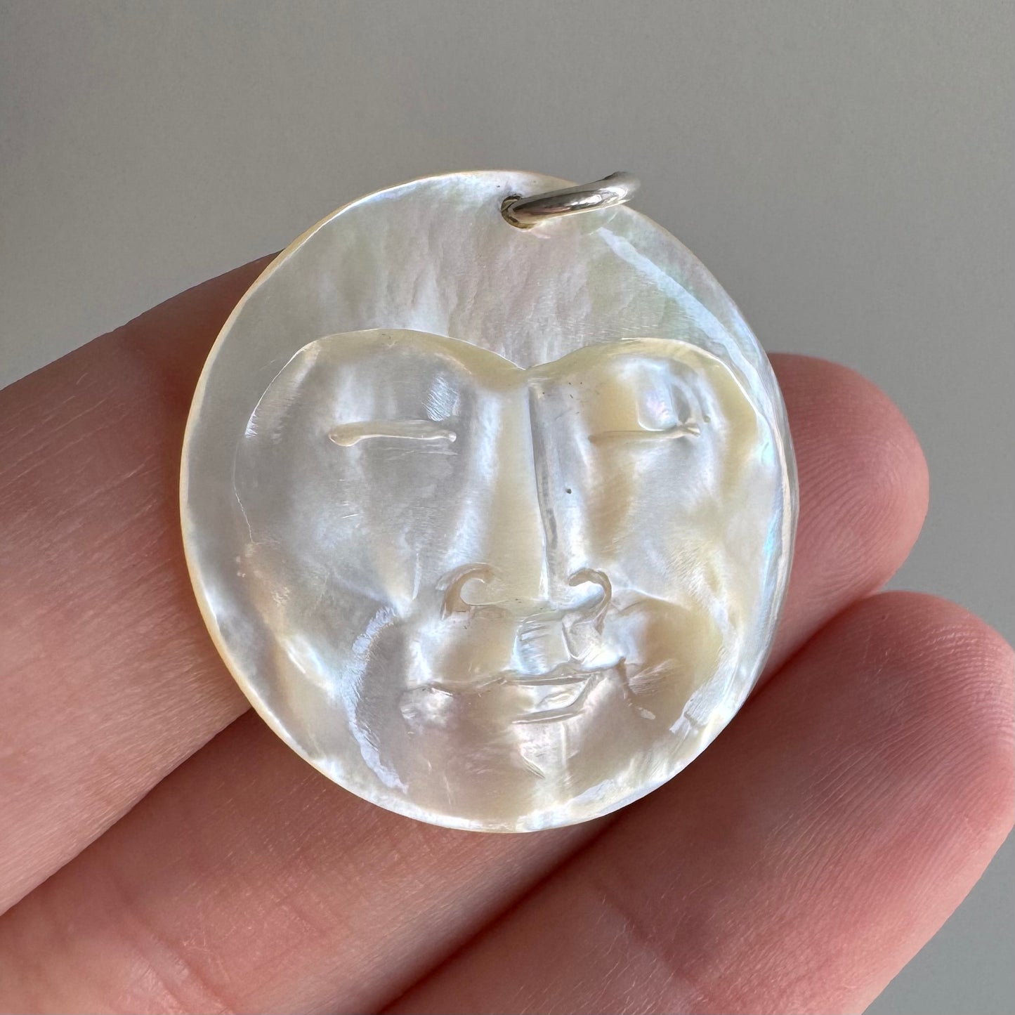 V I N T A G E // 1970s moon / carved mother of pearl moon with sterling silver bail / a pendant