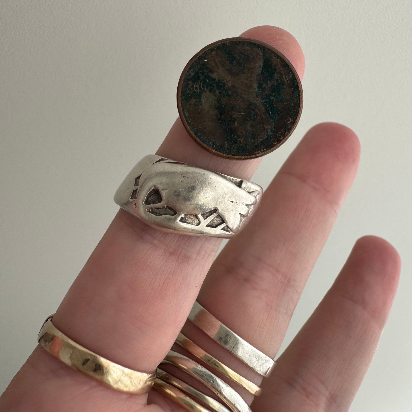 V I N T A G E // feathered friend / sterling silver worn raven wide tapered band / size 7ish