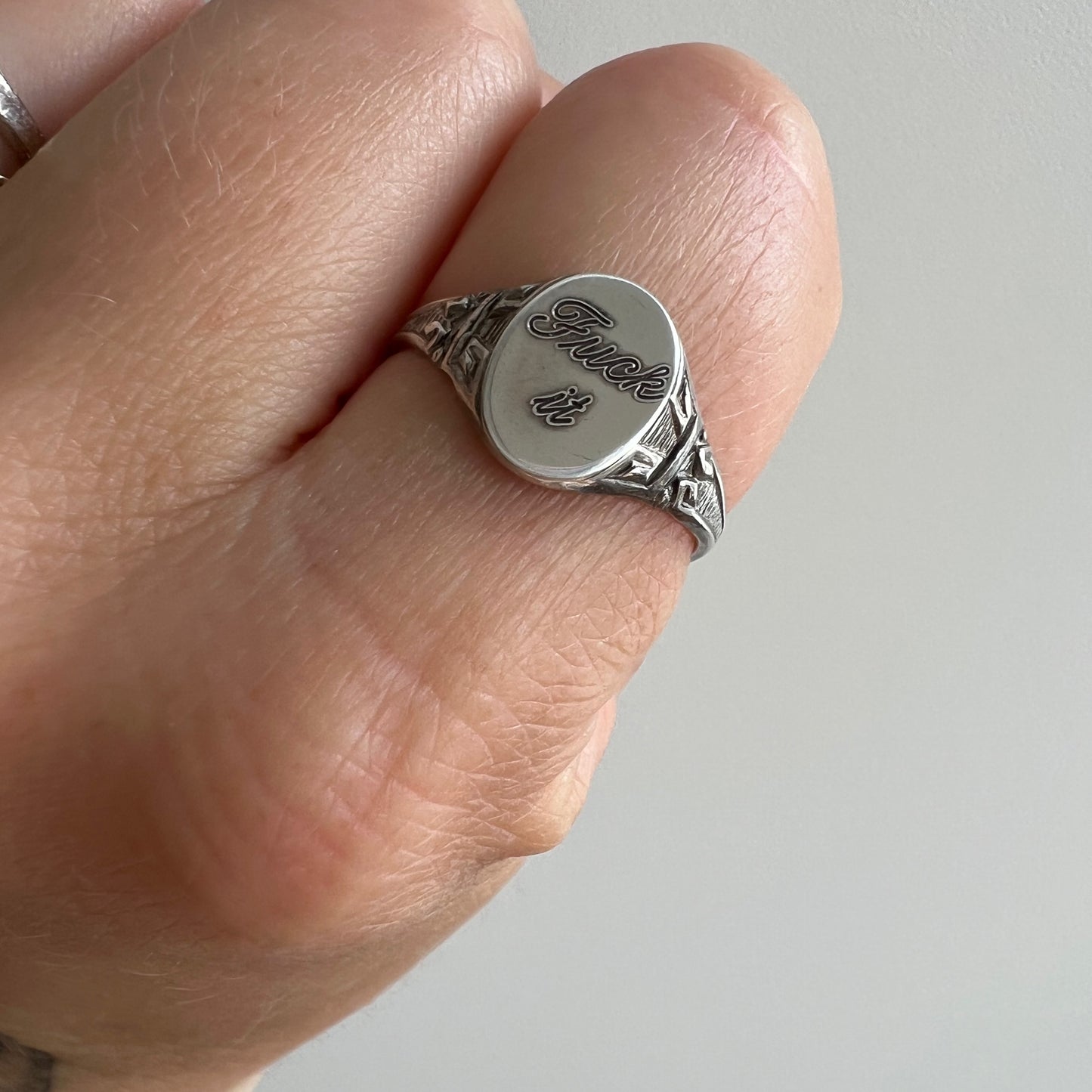 reimagined V I N T A G E // f*ck it / sterling silver signet ring with freshly engraved sentiment / size 8