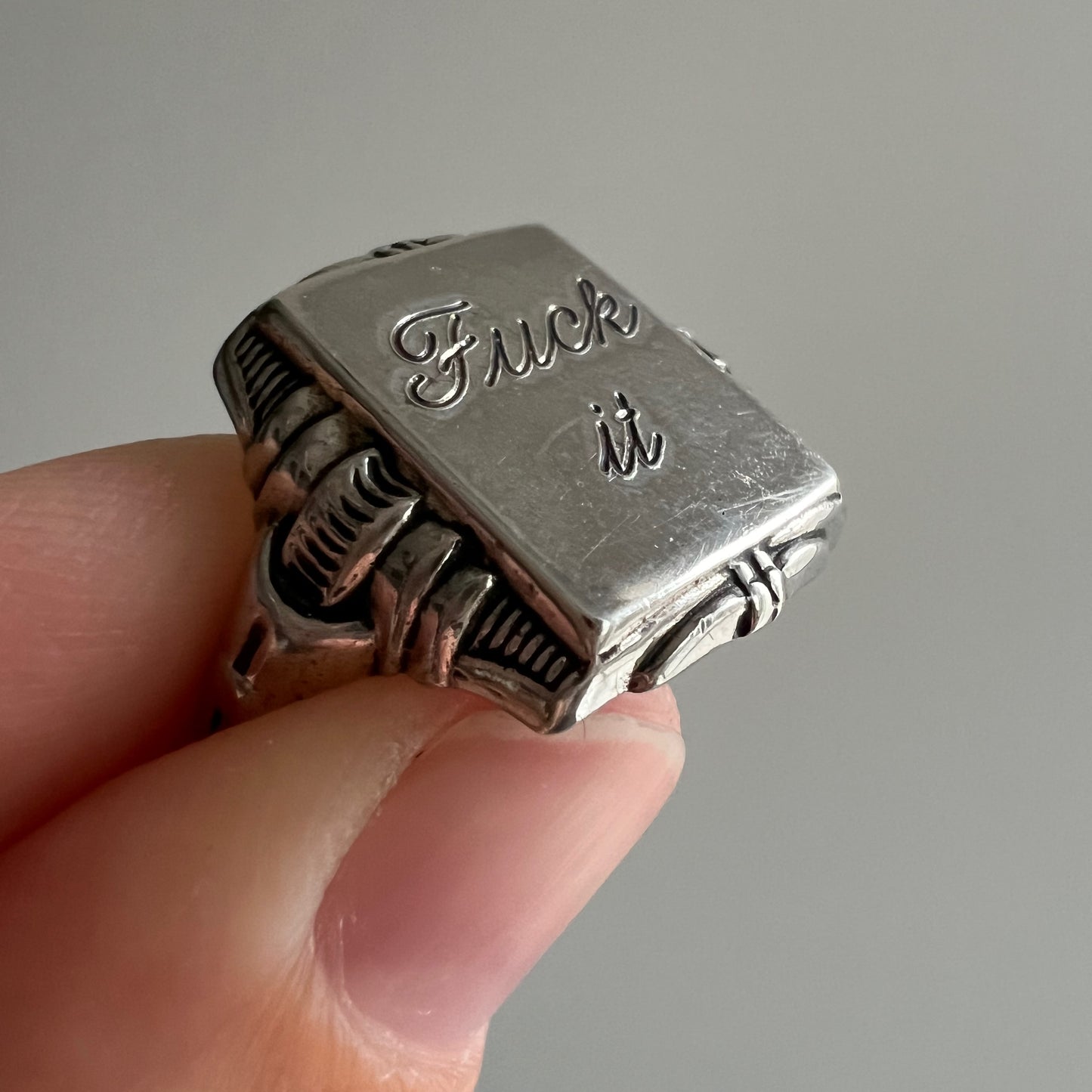 reimagined V I N T A G E // f*ck it / sterling silver rectangular signet ring with freshly engraved sentiment / size 8.25-8.5