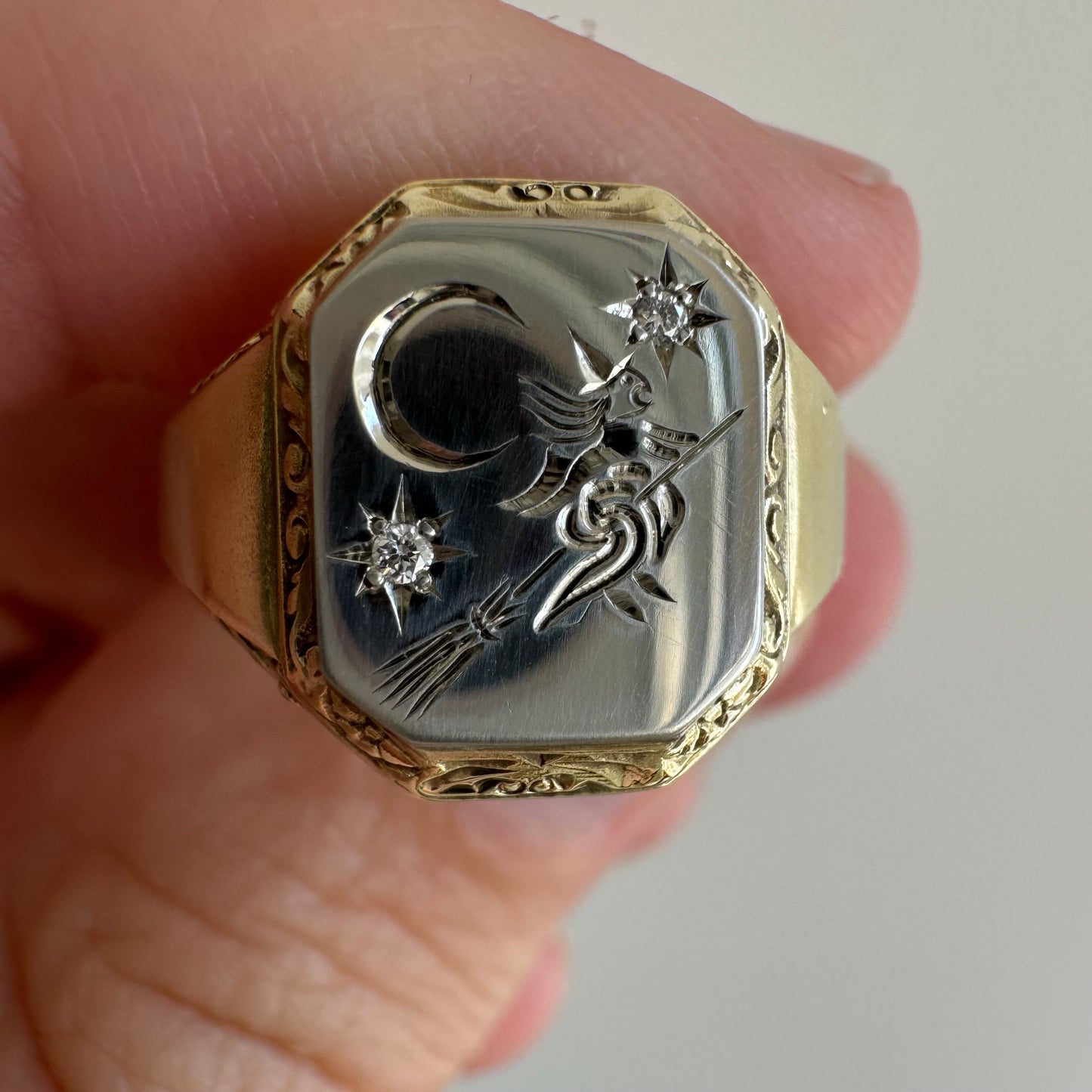 reimagined A N T I Q U E // the best witch / 14k yellow and white gold antique signet with a witch flying on a broom / size 5