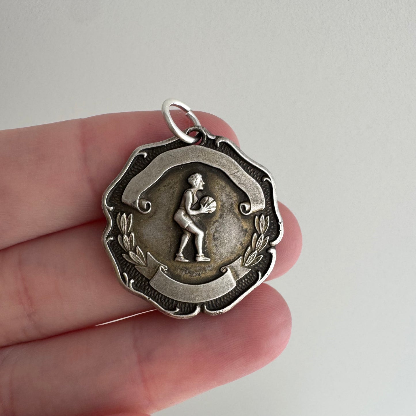 V I N T A G E / shoot for it / sterling silver medal with basketball figure / a pendant