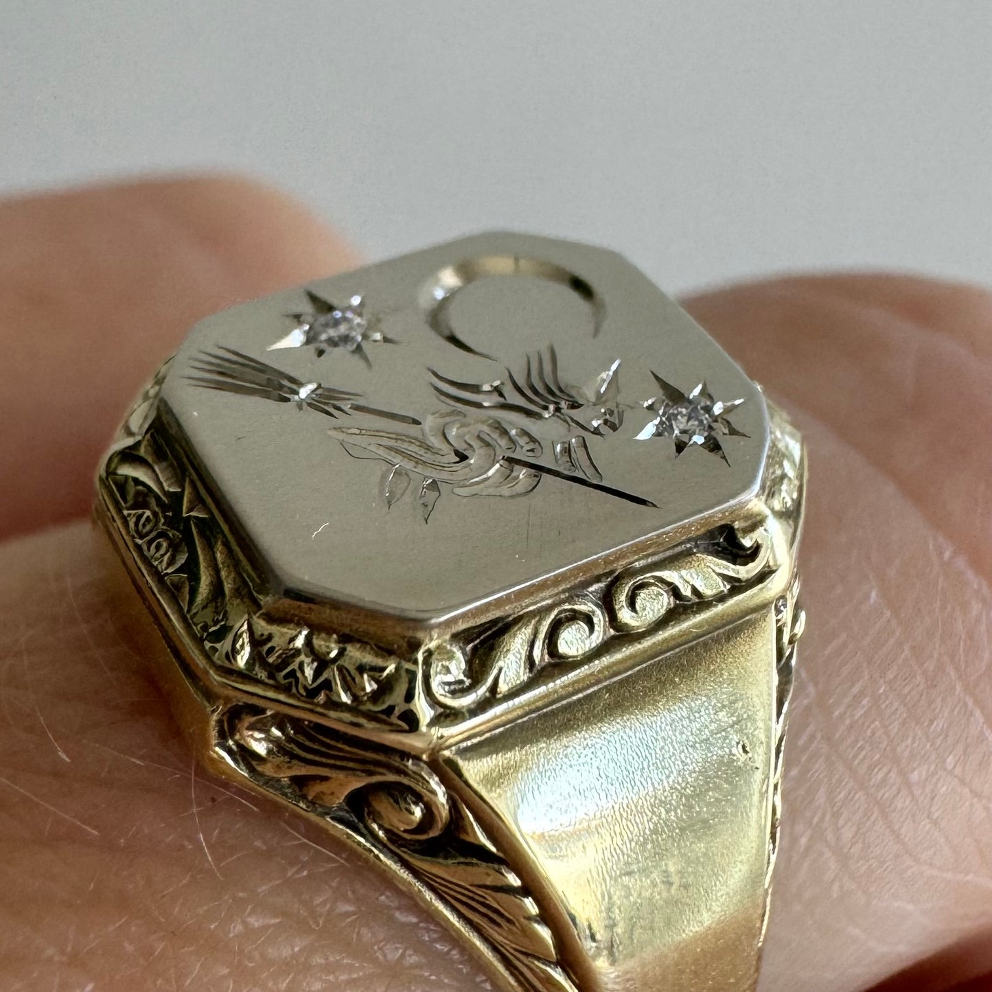 reimagined A N T I Q U E // the best witch / 14k yellow and white gold antique signet with a witch flying on a broom / size 5