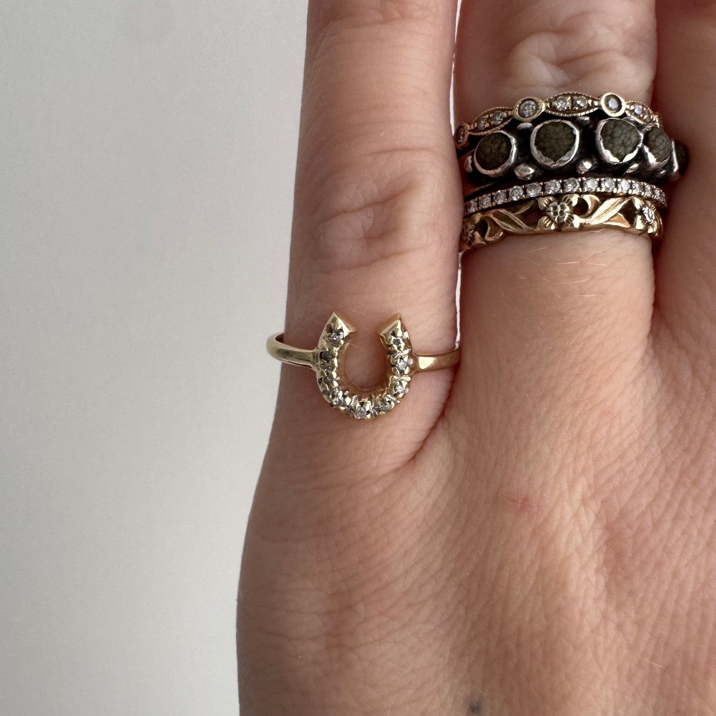 V I N T A G E // full of luck / 10k yellow gold horseshoe ring with diamonds / almost size 4.5