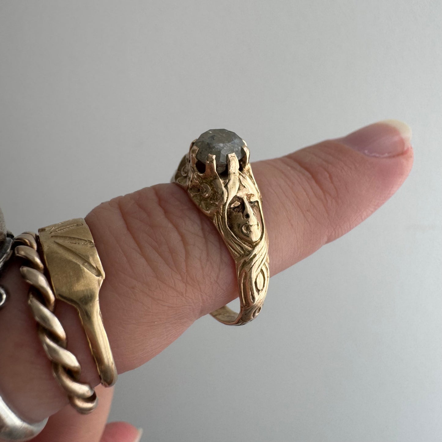 reimagined V I N T A G E // good goddess / 14k and 1.25 carat salt & pepper diamond art nouveau goddess solitaire ring / size 8