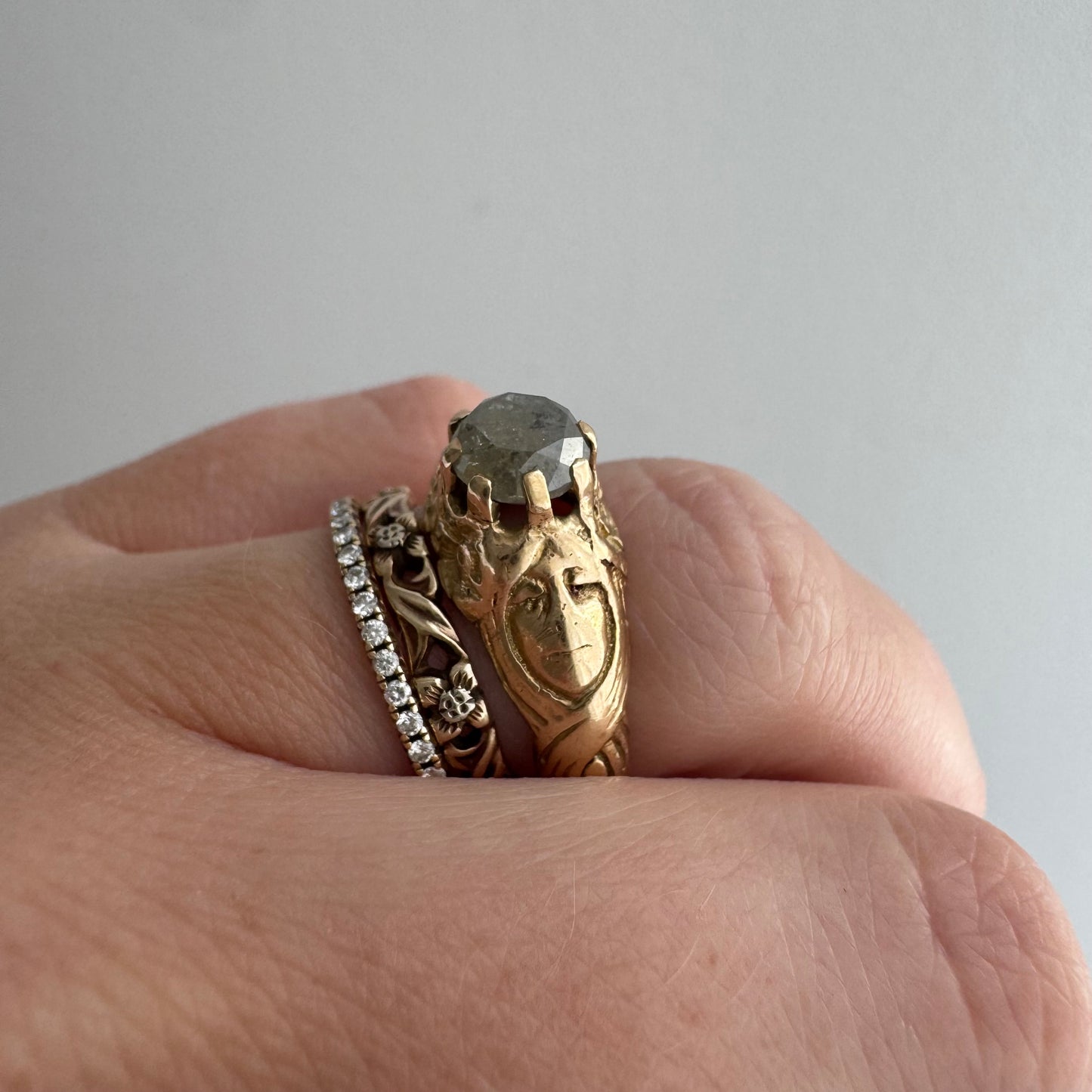 reimagined V I N T A G E // good goddess / 14k and 1.25 carat salt & pepper diamond art nouveau goddess solitaire ring / size 8