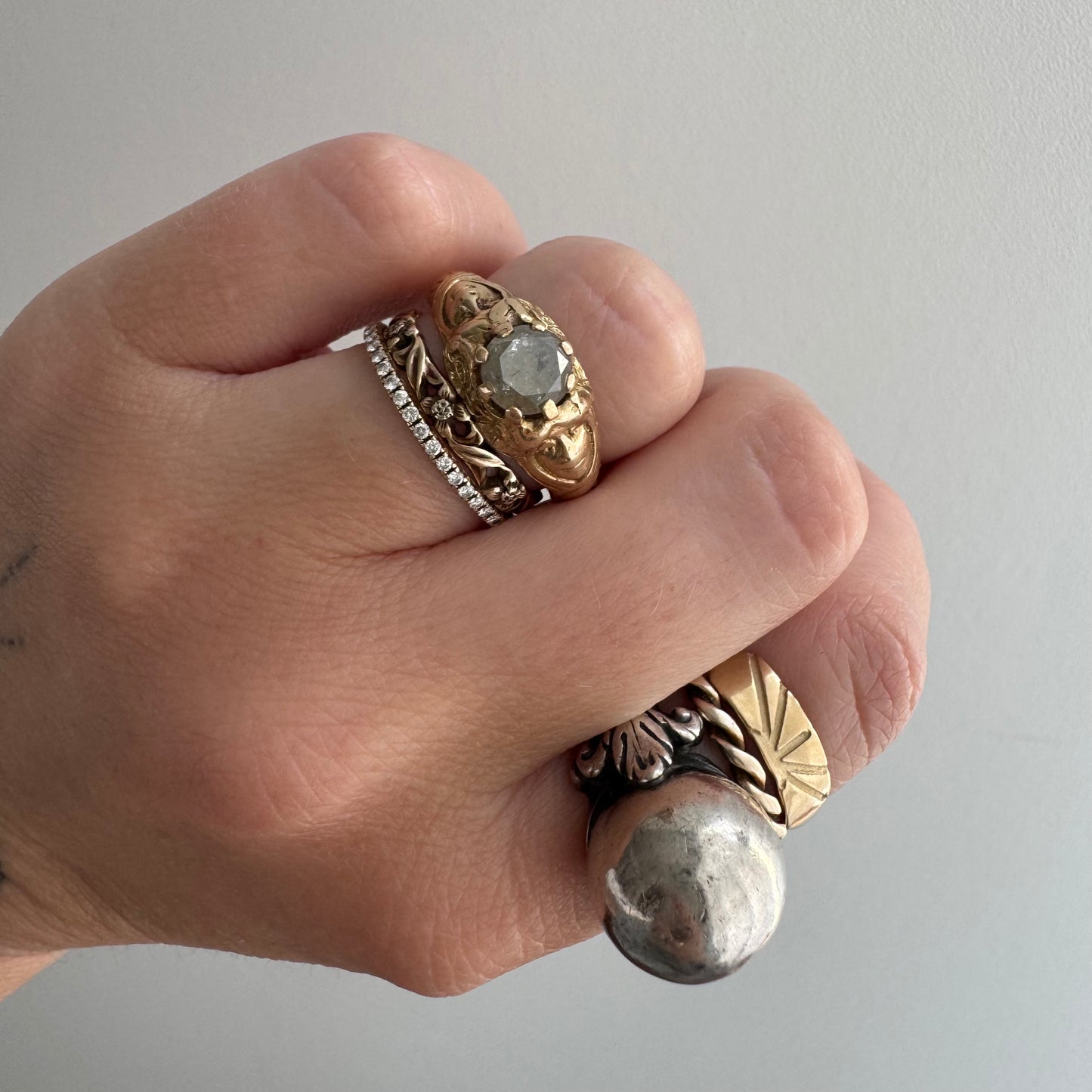 reimagined V I N T A G E // good goddess / 14k and 1.25 carat salt & pepper diamond art nouveau goddess solitaire ring / size 8