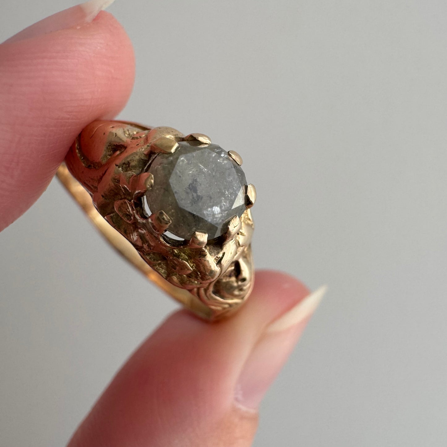 reimagined V I N T A G E // good goddess / 14k and 1.25 carat salt & pepper diamond art nouveau goddess solitaire ring / size 8