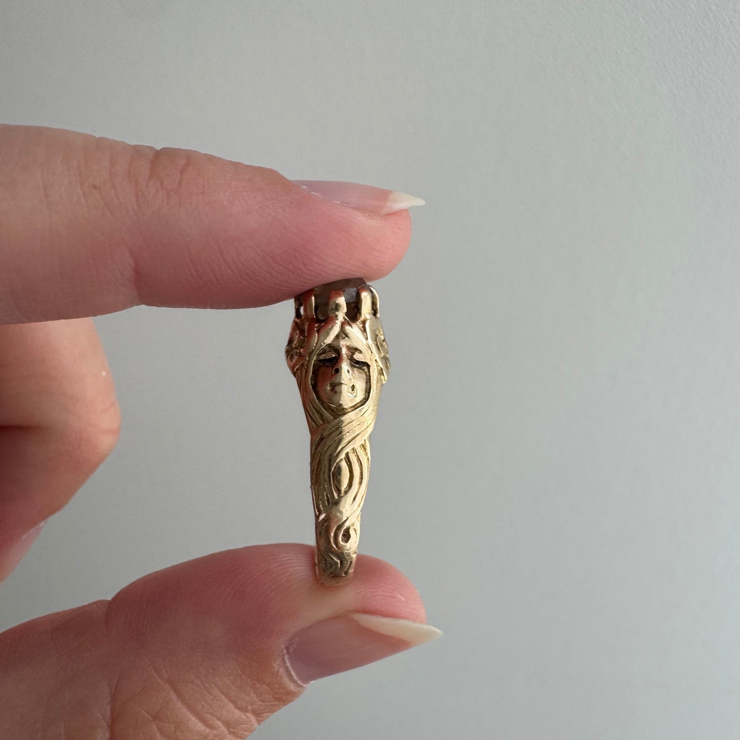 reimagined V I N T A G E // good goddess / 14k and 1.25 carat salt & pepper diamond art nouveau goddess solitaire ring / size 8