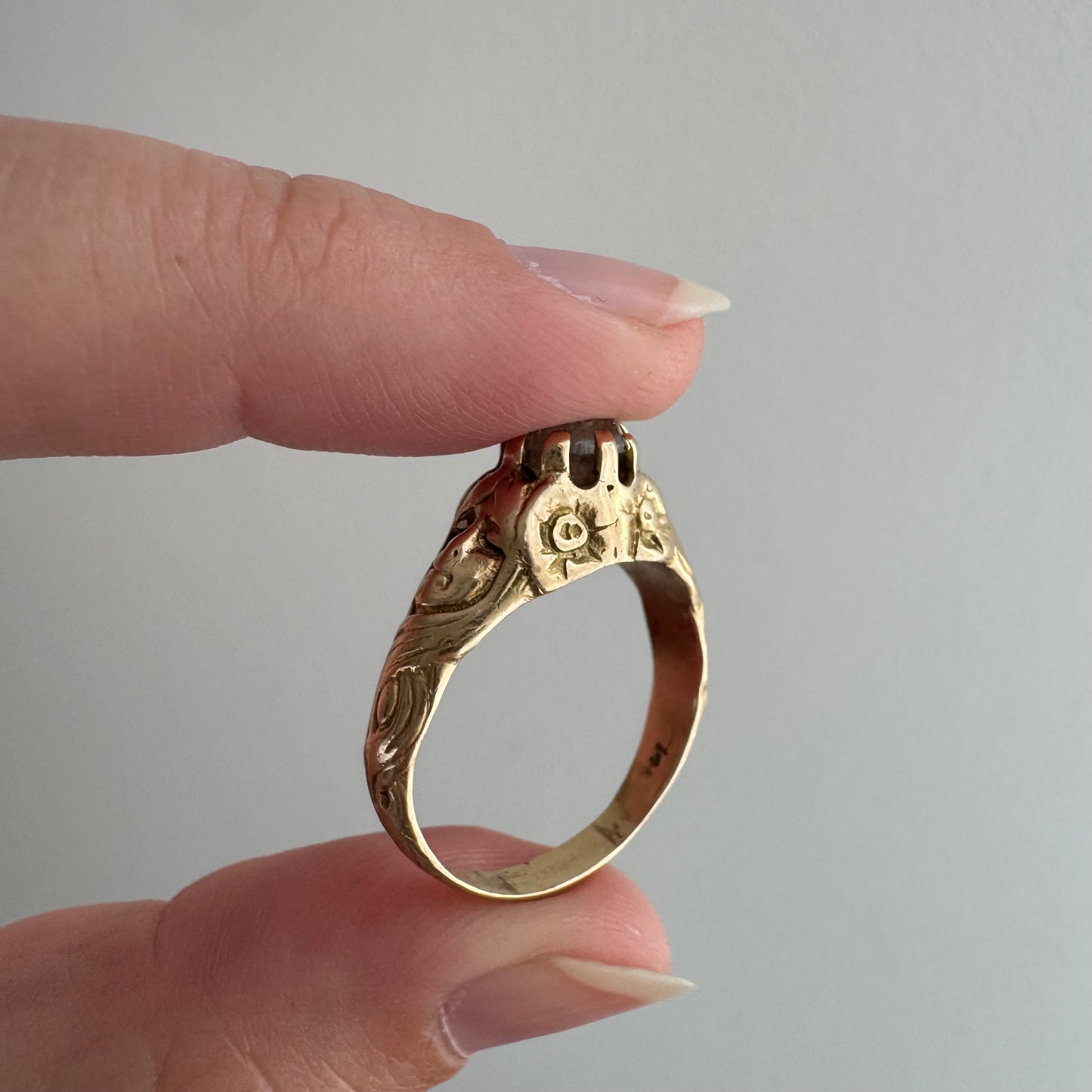 reimagined V I N T A G E // good goddess / 14k and 1.25 carat salt & pepper diamond art nouveau goddess solitaire ring / size 8