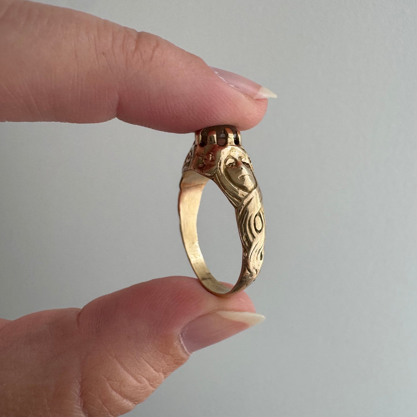 reimagined V I N T A G E // good goddess / 14k and 1.25 carat salt & pepper diamond art nouveau goddess solitaire ring / size 8