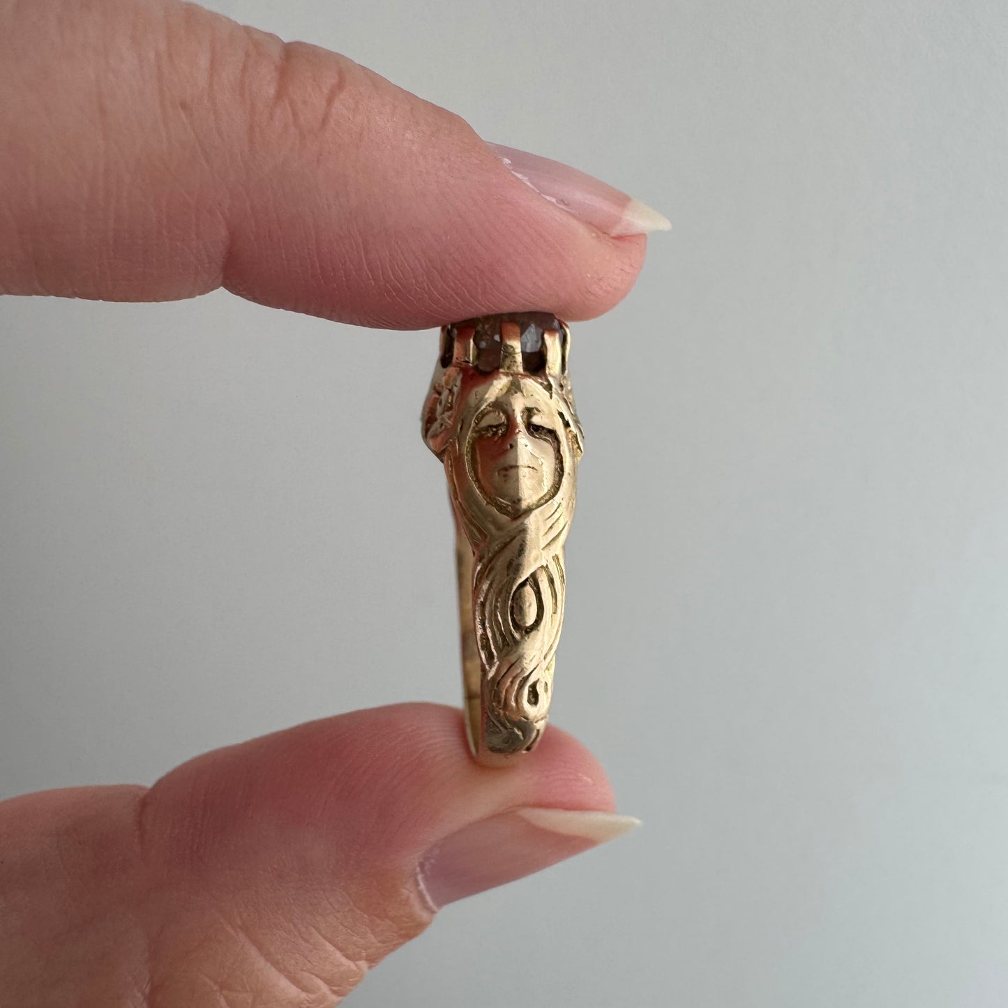 reimagined V I N T A G E // good goddess / 14k and 1.25 carat salt & pepper diamond art nouveau goddess solitaire ring / size 8