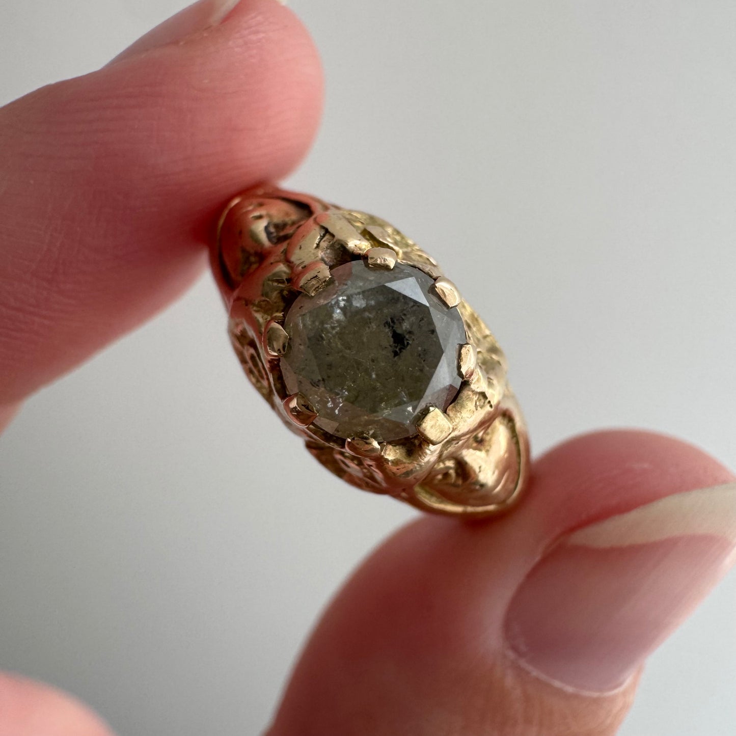 reimagined V I N T A G E // good goddess / 14k and 1.25 carat salt & pepper diamond art nouveau goddess solitaire ring / size 8