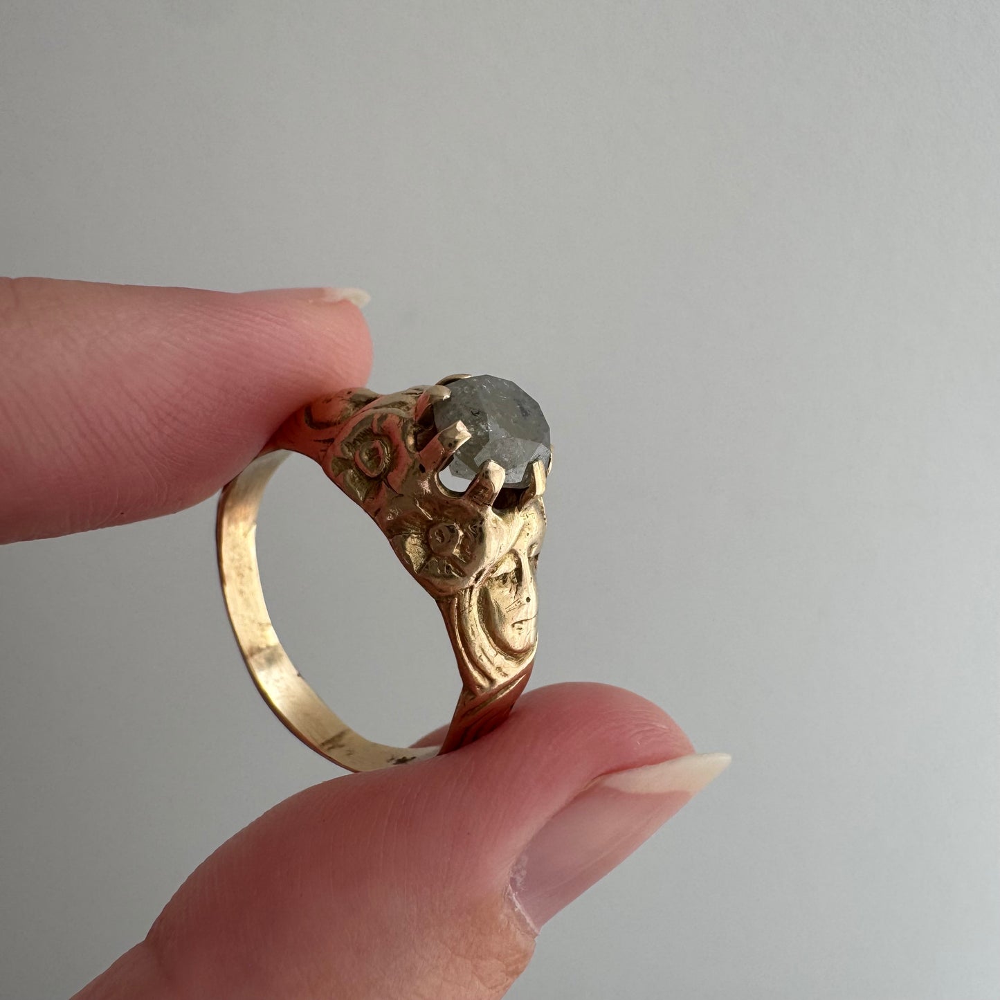 reimagined V I N T A G E // good goddess / 14k and 1.25 carat salt & pepper diamond art nouveau goddess solitaire ring / size 8