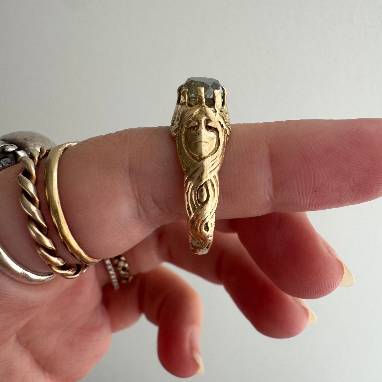 reimagined V I N T A G E // good goddess / 14k and 1.25 carat salt & pepper diamond art nouveau goddess solitaire ring / size 8