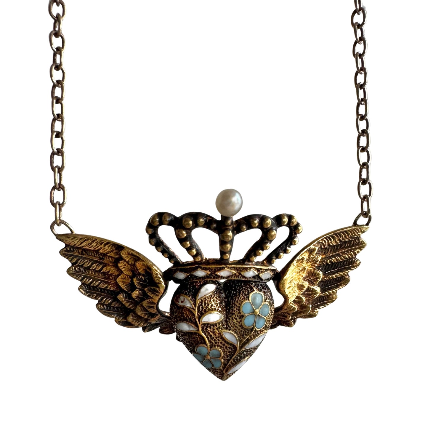 A N T I Q U E // love in flight / 10k and enamel winged and crowned heart / a conversion necklace